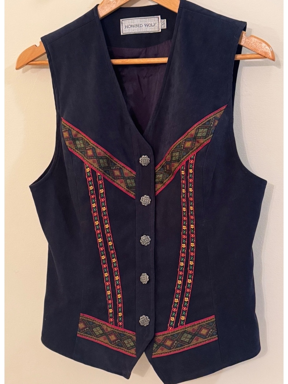 Howard Wolf Women's Embroidered Navy Blue Vest Size 8